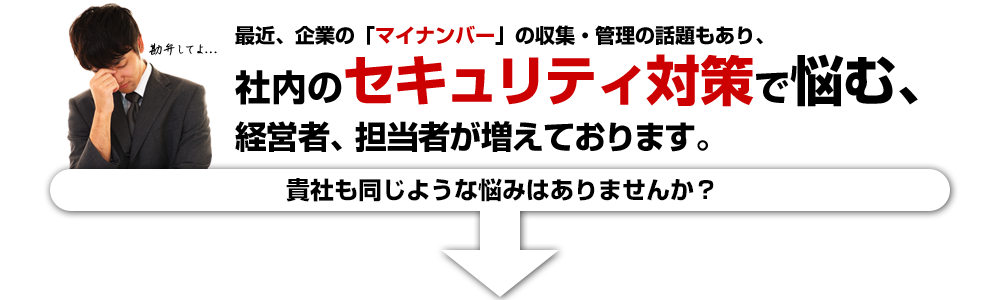 最近、企業のマイナンバー収集・管理の話題もあり、社内のセキュリティ対策で悩む、経営者・担当者が増えております。貴社も同じような悩みはありませんか？